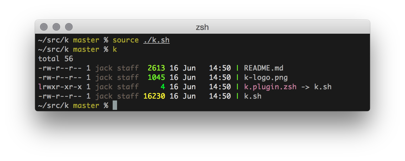 A screenshot of k in action showing colour coded file sizes and git status