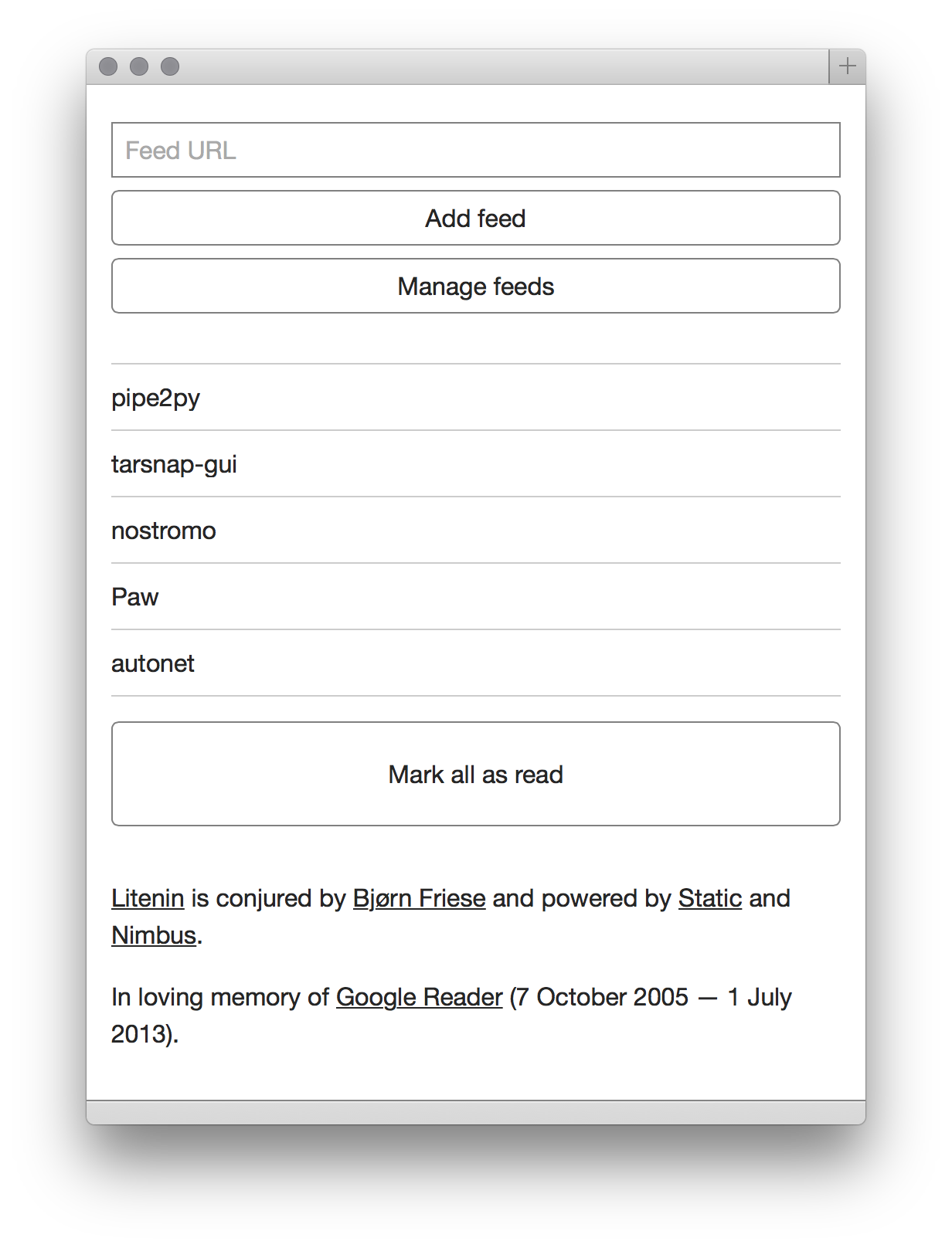 A screenshot of Litenin showing recent items from the One Thing Well RSS feed.