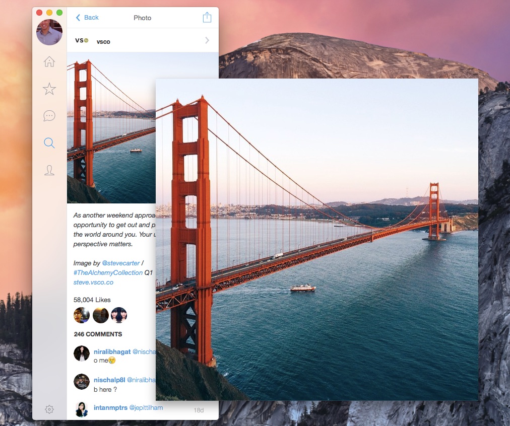 A screenshot of Photoflow showing a stream of Instagram images, with one image enlarged.