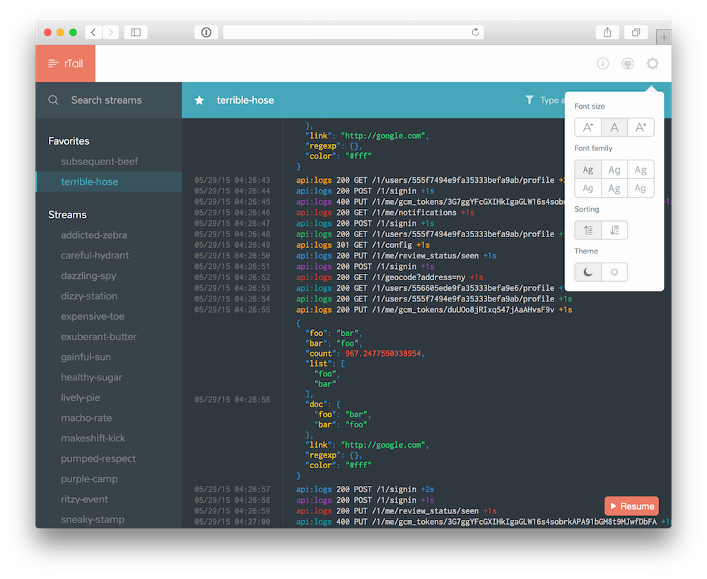A screenshot of rtail's web application showing streaming data